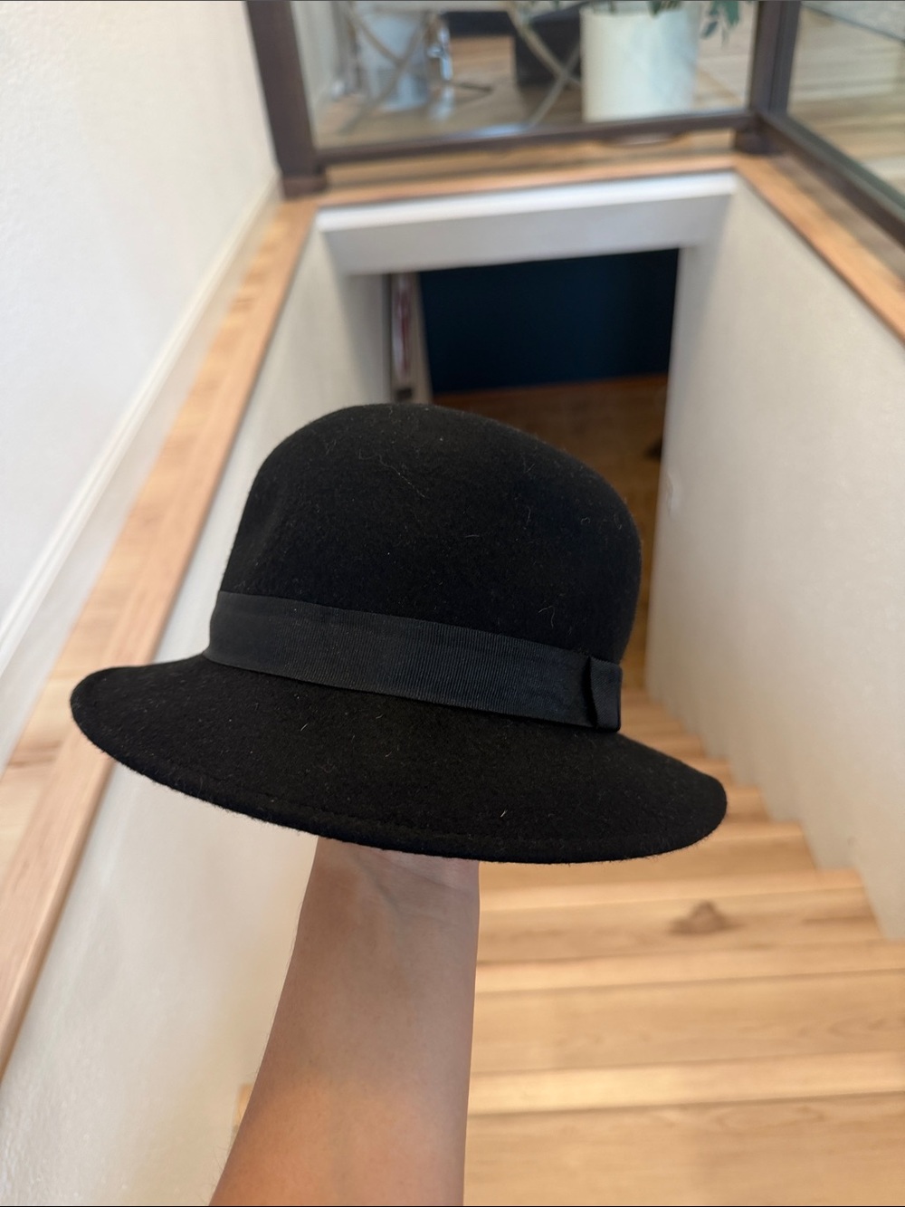 Women's Black Wool Cloche Hat with Grosgrain Band